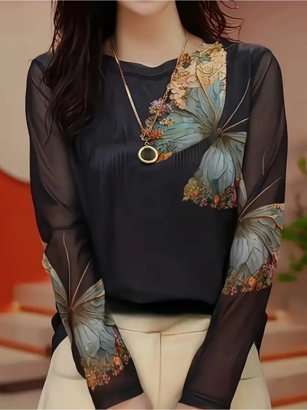 Black Sheer Floral-Print Long Sleeve Blouse